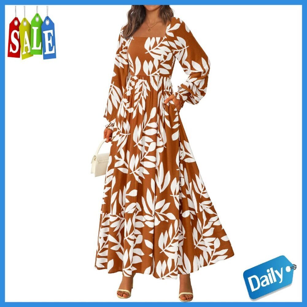 Long Sleeve Floral Maxi Dress with Pockets, Smocked Bodice, 100% Viscose